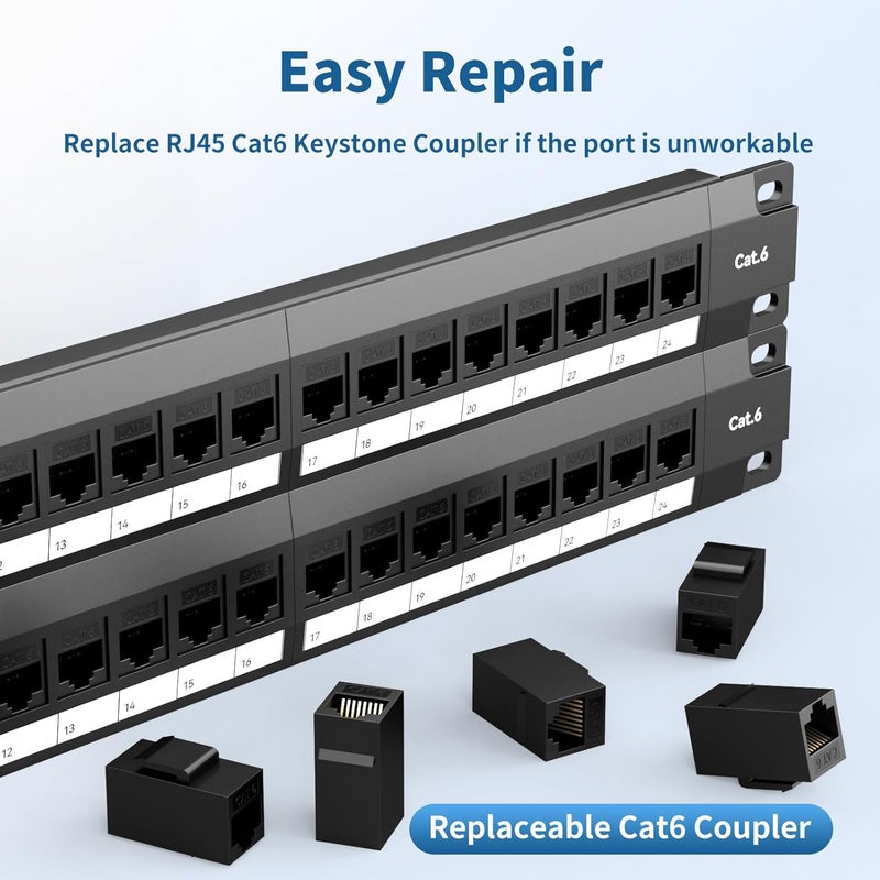 LinkNexa 48 Port Patch Panel, Keystone Patch Panel 48 Port Loaded with RJ45 Couplers Plus 4 Spare, 10G Pass-Through, UTP 19-Inch 2U Ethernet Panel with Removable Back Bar for Cat5, Cat5e, Cat6 Cabling - Image 5